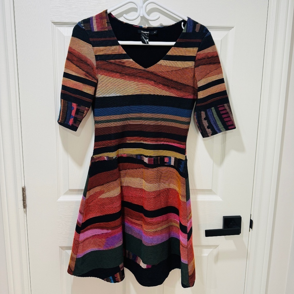 Desigual -  Colourful Mid-Sleeved Dress, Ribbed Fabric, Size M
